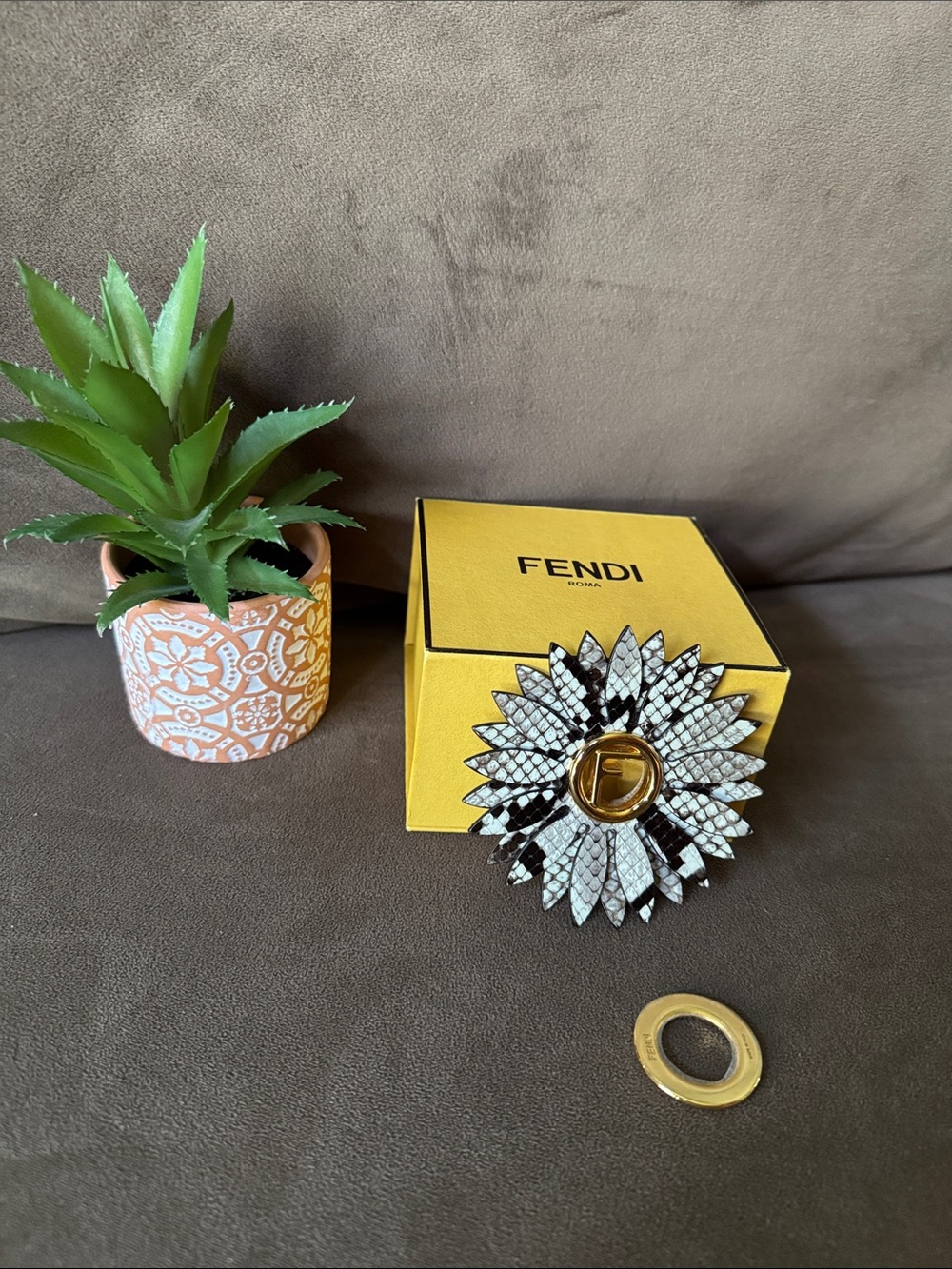 Fendi Python Leather Magnetic Floral Brooch Bag Charm Made in Italy & Box